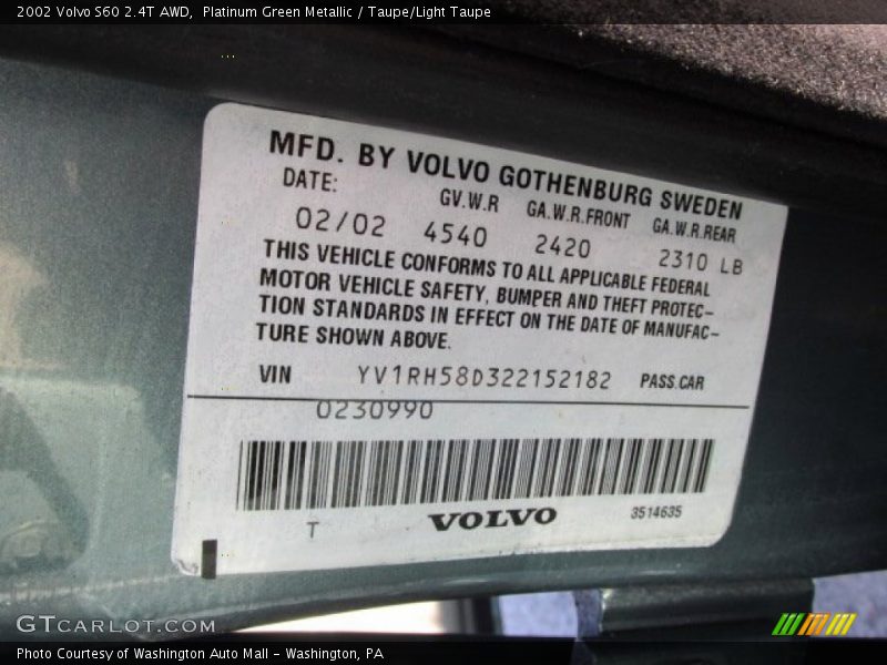 Platinum Green Metallic / Taupe/Light Taupe 2002 Volvo S60 2.4T AWD