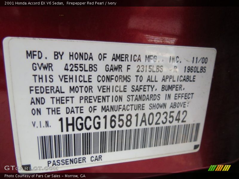 Firepepper Red Pearl / Ivory 2001 Honda Accord EX V6 Sedan
