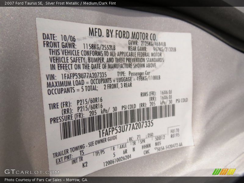 Silver Frost Metallic / Medium/Dark Flint 2007 Ford Taurus SE