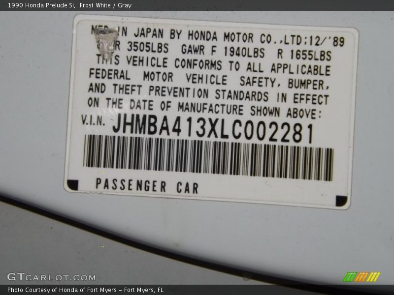 Info Tag of 1990 Prelude Si