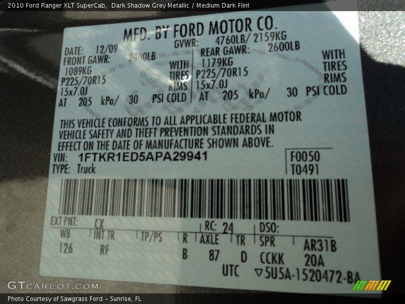 Dark Shadow Grey Metallic / Medium Dark Flint 2010 Ford Ranger XLT SuperCab