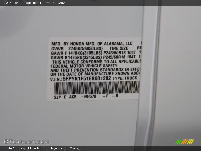 2014 Ridgeline RTL White Color Code NH578