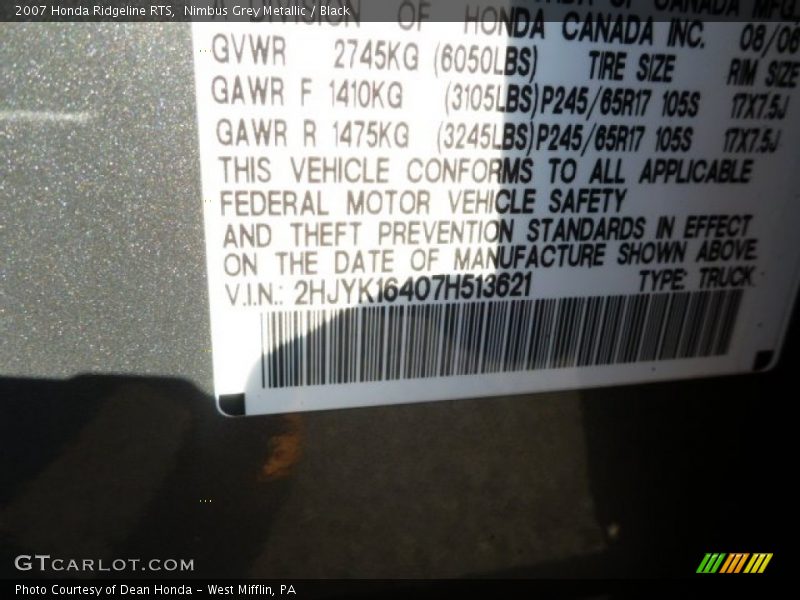 Nimbus Grey Metallic / Black 2007 Honda Ridgeline RTS