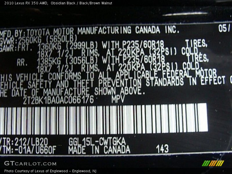 Obsidian Black / Black/Brown Walnut 2010 Lexus RX 350 AWD