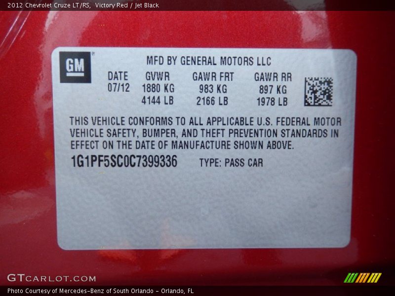 Victory Red / Jet Black 2012 Chevrolet Cruze LT/RS