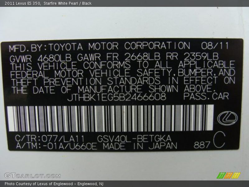 Starfire White Pearl / Black 2011 Lexus ES 350