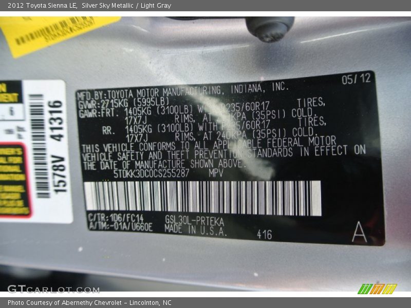 Silver Sky Metallic / Light Gray 2012 Toyota Sienna LE