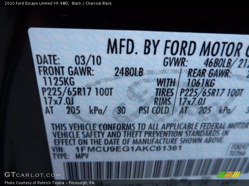 Black / Charcoal Black 2010 Ford Escape Limited V6 4WD