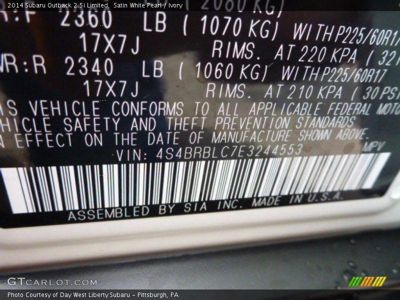 Satin White Pearl / Ivory 2014 Subaru Outback 2.5i Limited