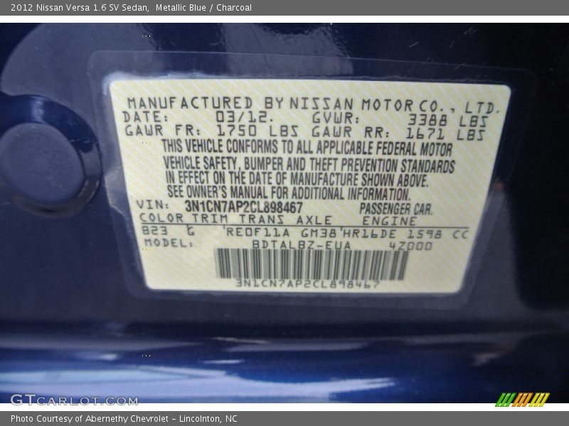 Metallic Blue / Charcoal 2012 Nissan Versa 1.6 SV Sedan