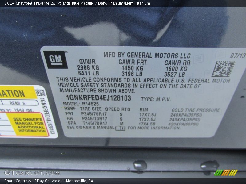 Atlantis Blue Metallic / Dark Titanium/Light Titanium 2014 Chevrolet Traverse LS