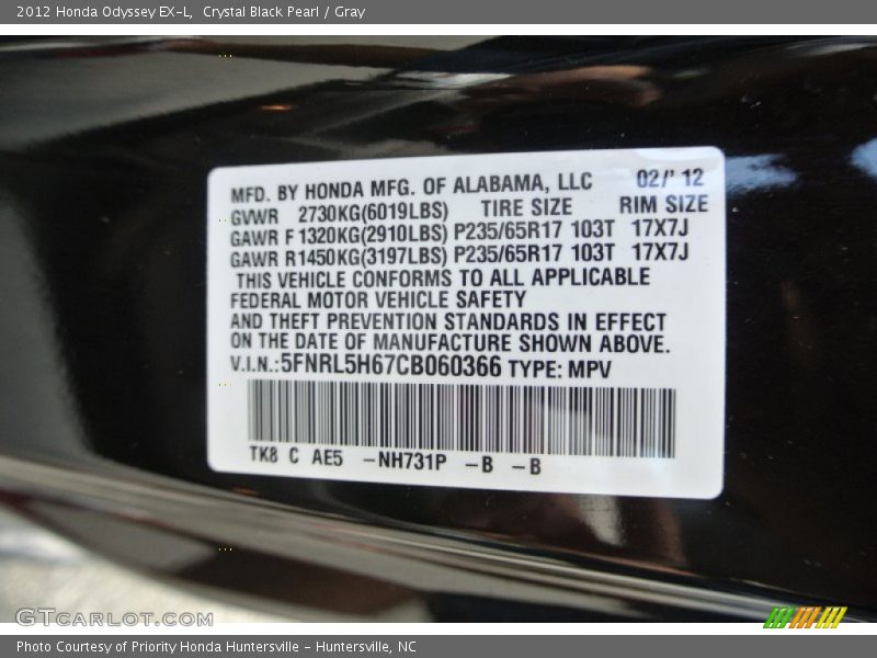 Crystal Black Pearl / Gray 2012 Honda Odyssey EX-L