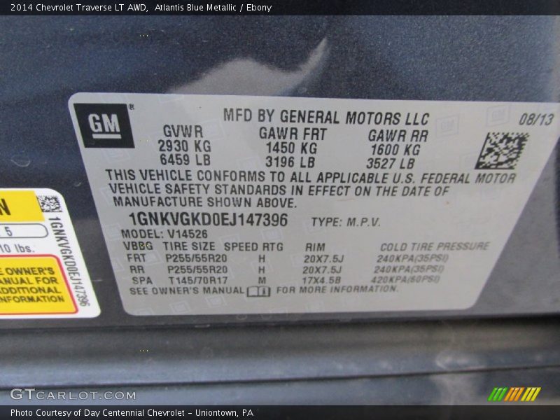 Atlantis Blue Metallic / Ebony 2014 Chevrolet Traverse LT AWD