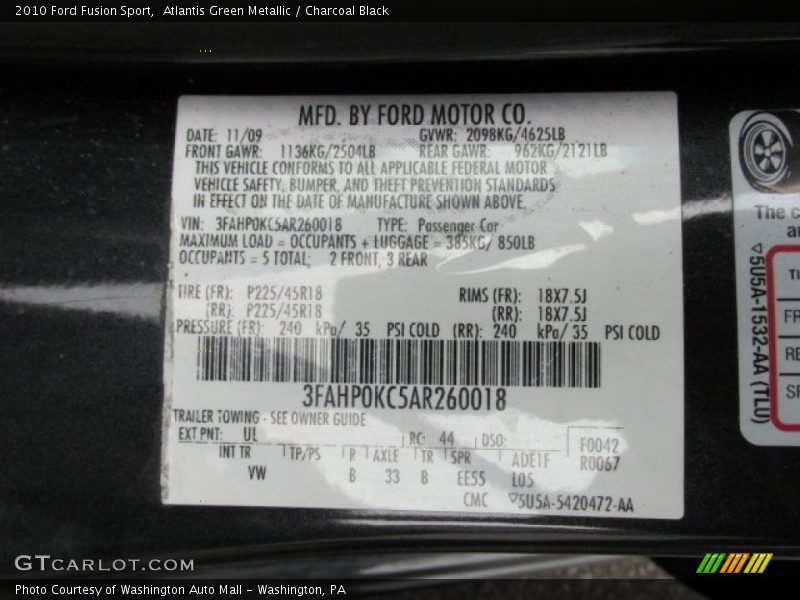 Atlantis Green Metallic / Charcoal Black 2010 Ford Fusion Sport