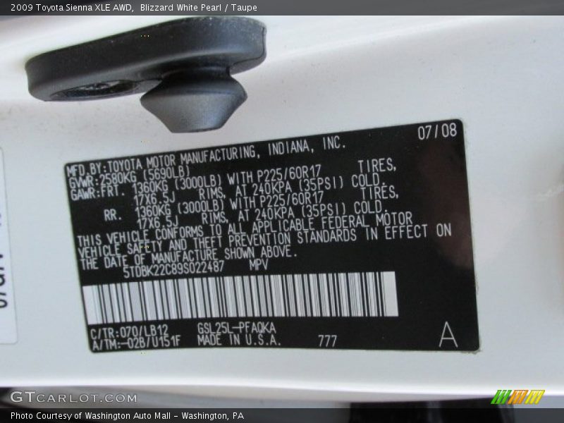 Blizzard White Pearl / Taupe 2009 Toyota Sienna XLE AWD