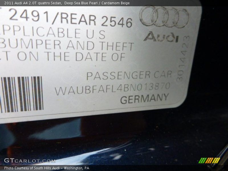 Deep Sea Blue Pearl / Cardamom Beige 2011 Audi A4 2.0T quattro Sedan