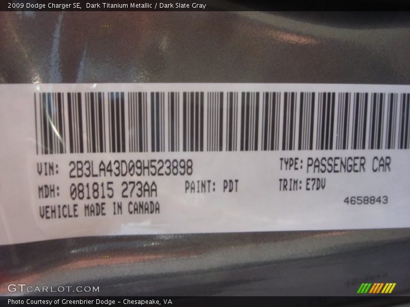 2009 Charger SE Dark Titanium Metallic Color Code PDT