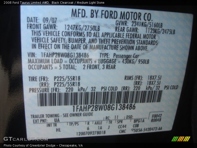 Black Clearcoat / Medium Light Stone 2008 Ford Taurus Limited AWD