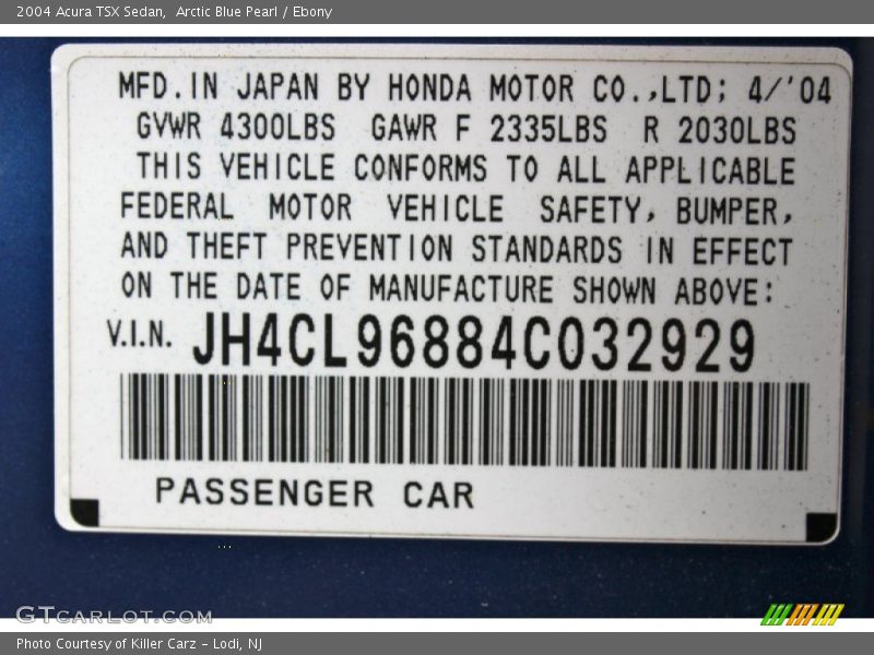 Arctic Blue Pearl / Ebony 2004 Acura TSX Sedan