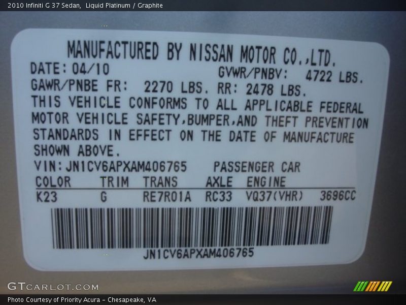 Liquid Platinum / Graphite 2010 Infiniti G 37 Sedan
