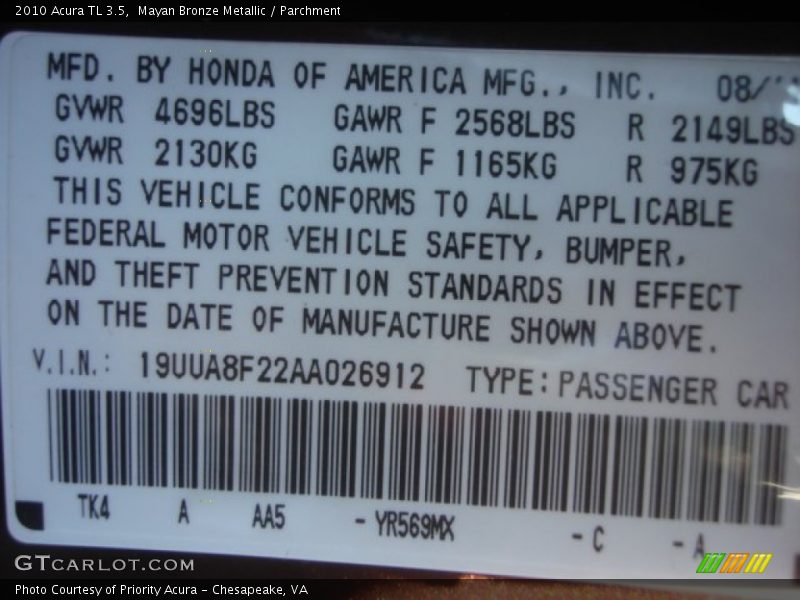 Mayan Bronze Metallic / Parchment 2010 Acura TL 3.5
