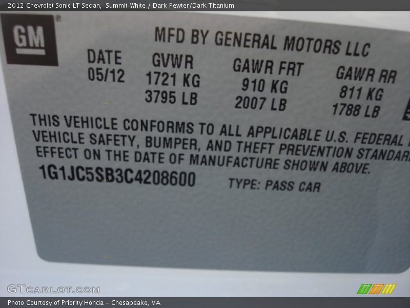 Summit White / Dark Pewter/Dark Titanium 2012 Chevrolet Sonic LT Sedan