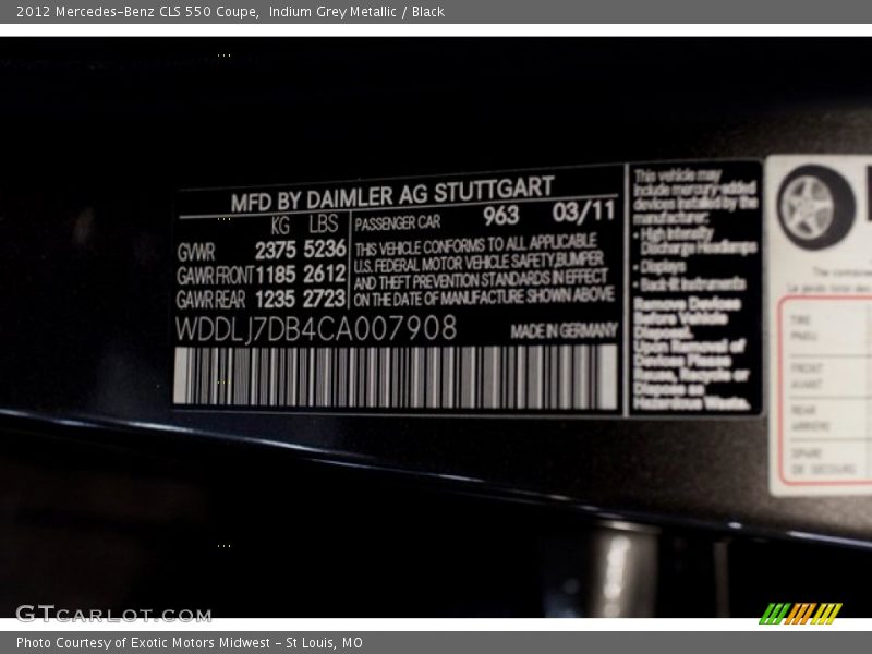 2012 CLS 550 Coupe Indium Grey Metallic Color Code 963