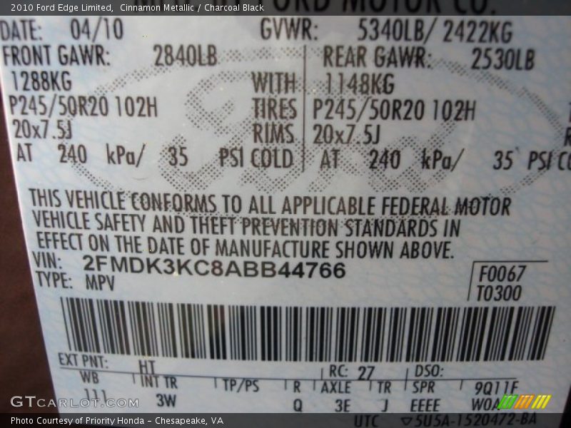 Cinnamon Metallic / Charcoal Black 2010 Ford Edge Limited