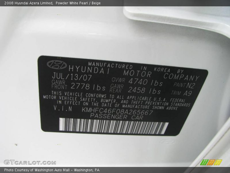 Powder White Pearl / Beige 2008 Hyundai Azera Limited