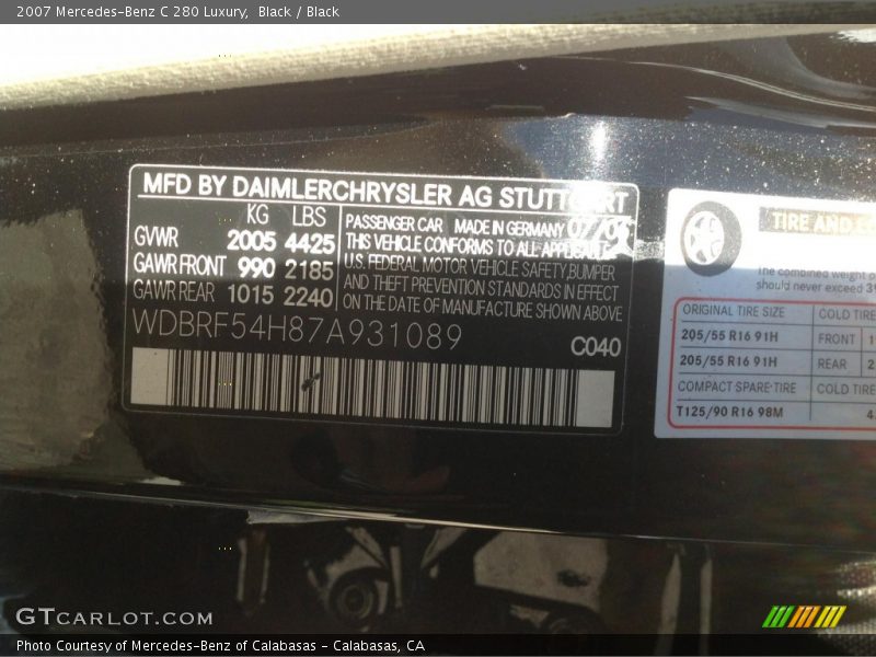 Black / Black 2007 Mercedes-Benz C 280 Luxury