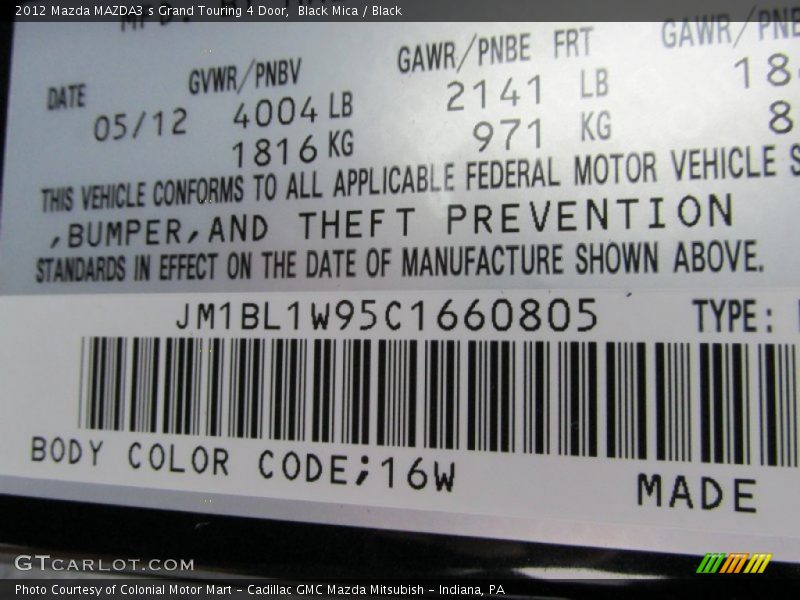 2012 MAZDA3 s Grand Touring 4 Door Black Mica Color Code 16W