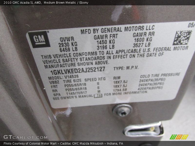 Medium Brown Metallic / Ebony 2010 GMC Acadia SL AWD