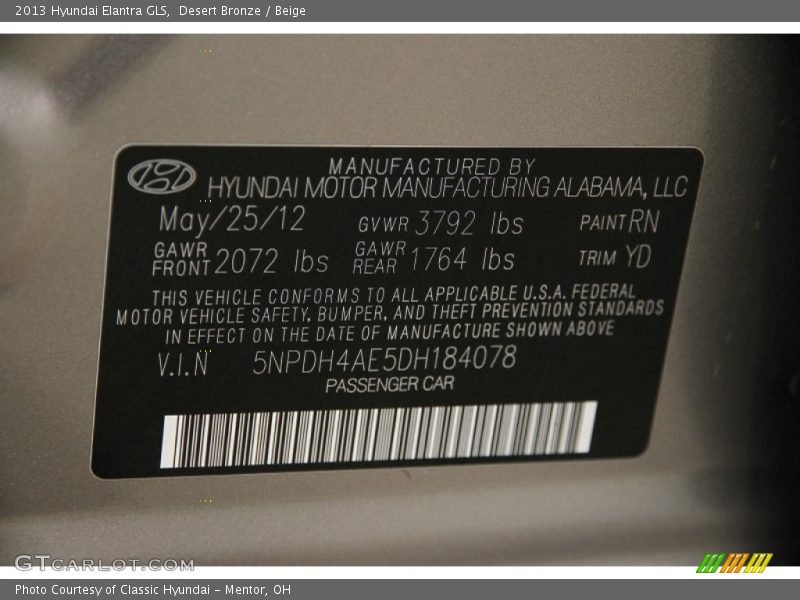 Desert Bronze / Beige 2013 Hyundai Elantra GLS
