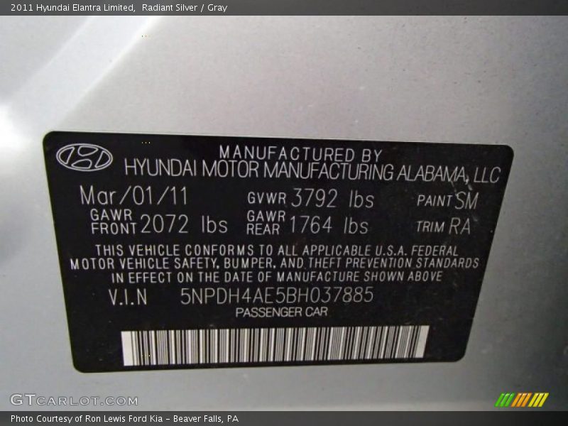 Radiant Silver / Gray 2011 Hyundai Elantra Limited