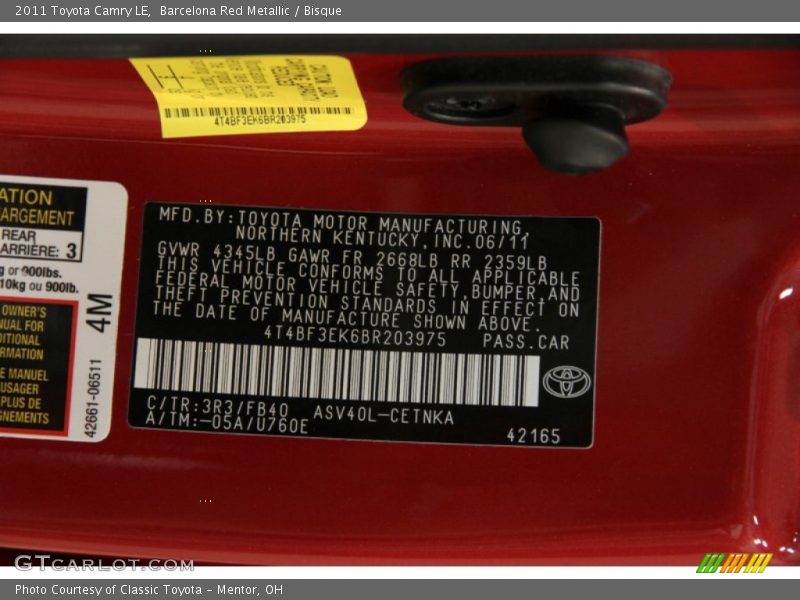 Barcelona Red Metallic / Bisque 2011 Toyota Camry LE