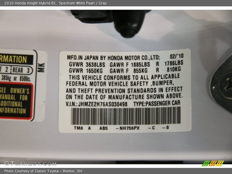 Spectrum White Pearl / Gray 2010 Honda Insight Hybrid EX