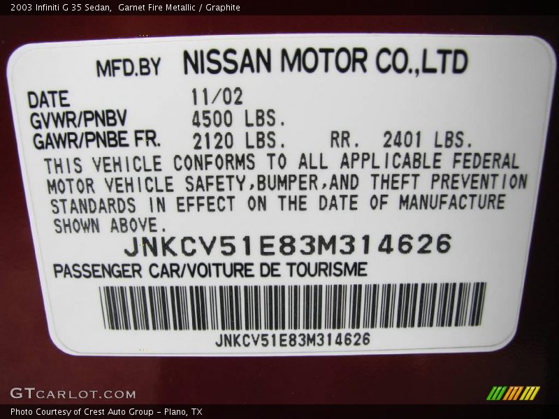 Garnet Fire Metallic / Graphite 2003 Infiniti G 35 Sedan