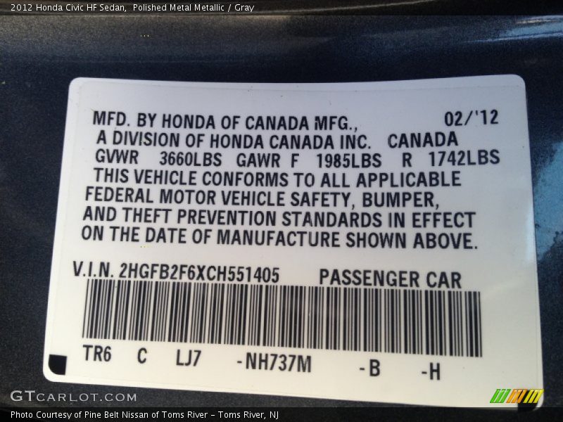 Polished Metal Metallic / Gray 2012 Honda Civic HF Sedan