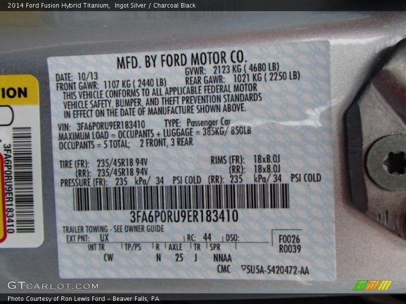 2014 Fusion Hybrid Titanium Ingot Silver Color Code UX