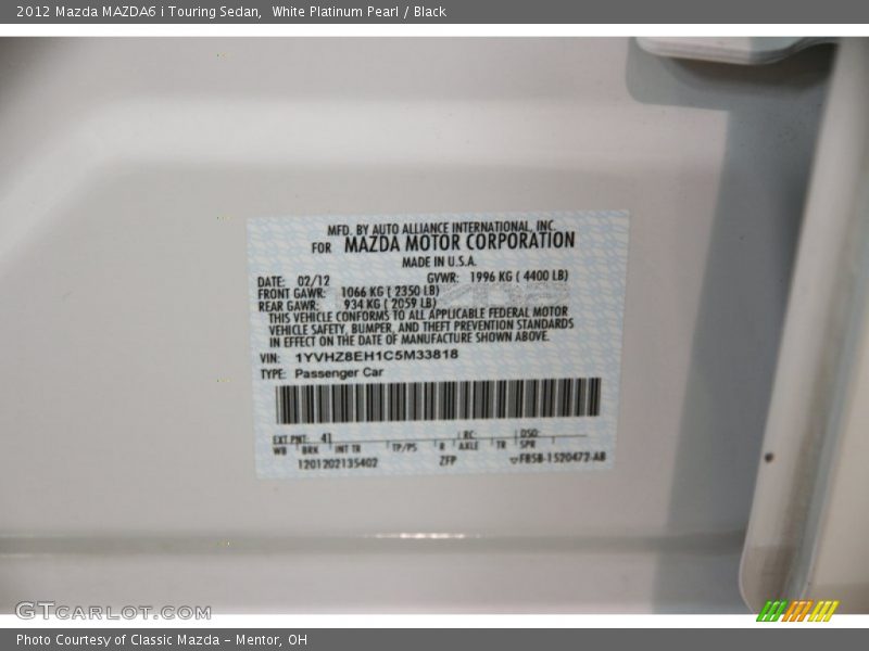White Platinum Pearl / Black 2012 Mazda MAZDA6 i Touring Sedan