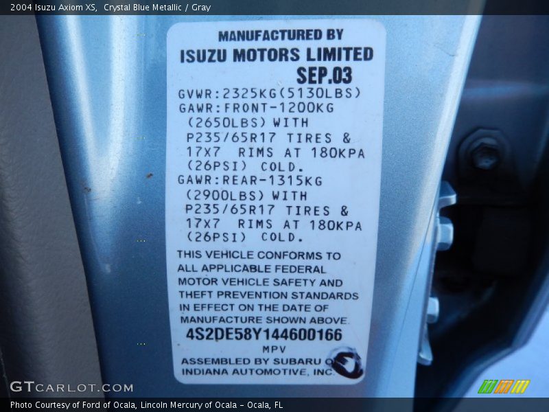 Info Tag of 2004 Axiom XS