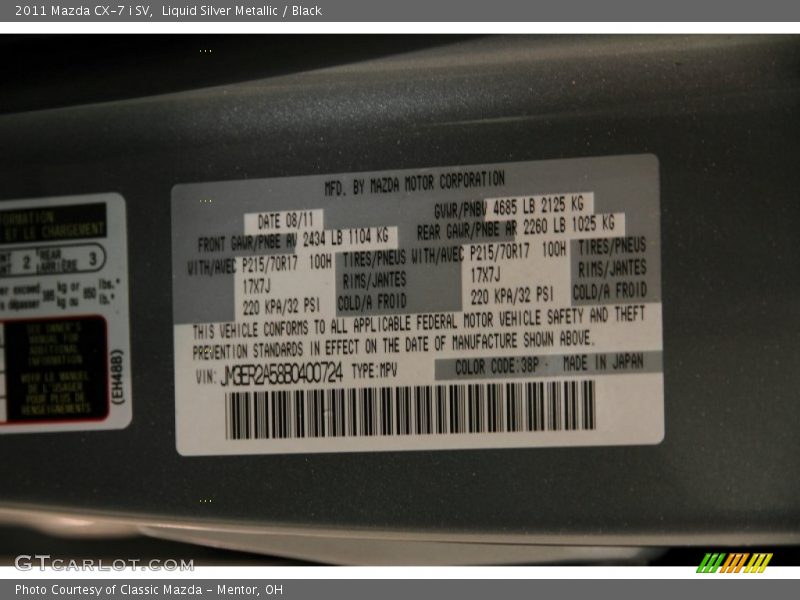 Liquid Silver Metallic / Black 2011 Mazda CX-7 i SV