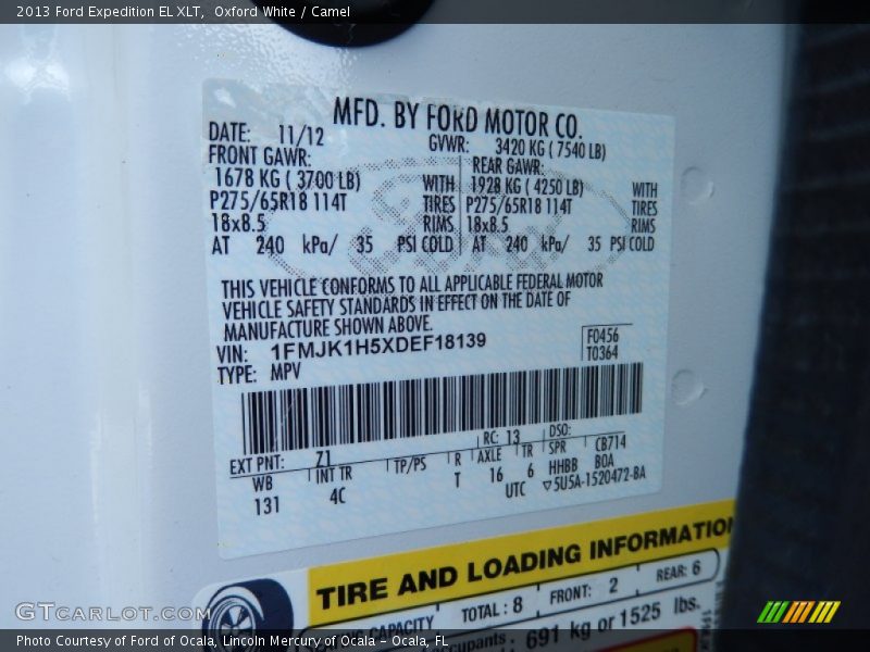 Oxford White / Camel 2013 Ford Expedition EL XLT
