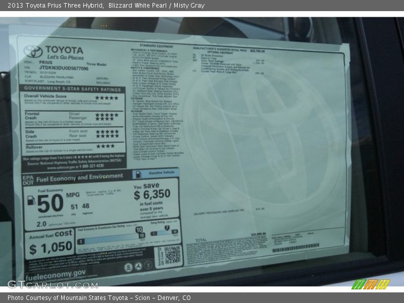 Blizzard White Pearl / Misty Gray 2013 Toyota Prius Three Hybrid