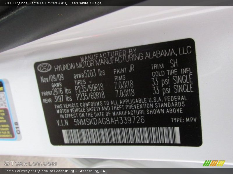 Pearl White / Beige 2010 Hyundai Santa Fe Limited 4WD