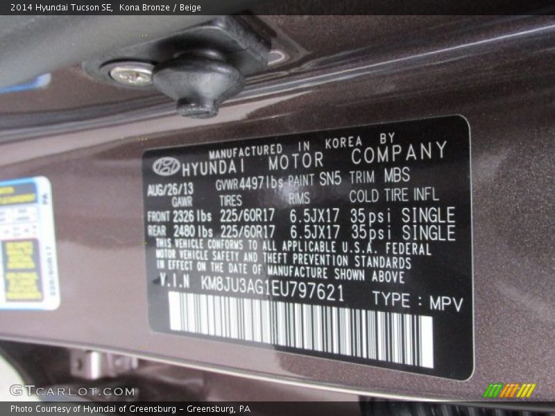 2014 Tucson SE Kona Bronze Color Code SN5