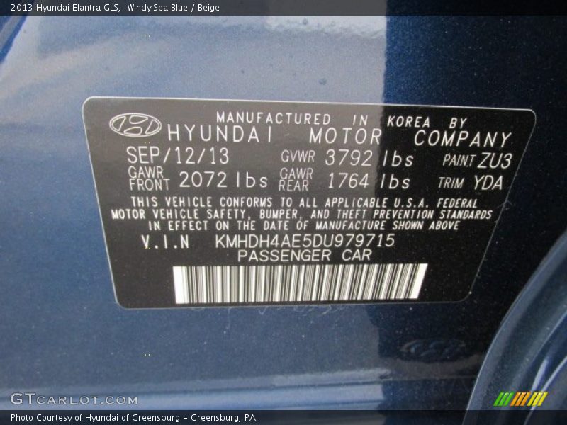 Windy Sea Blue / Beige 2013 Hyundai Elantra GLS