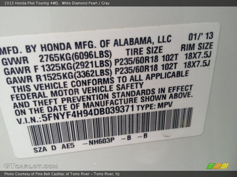 White Diamond Pearl / Gray 2013 Honda Pilot Touring 4WD