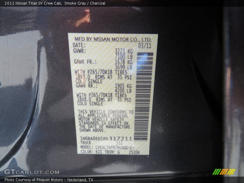 Smoke Gray / Charcoal 2011 Nissan Titan SV Crew Cab