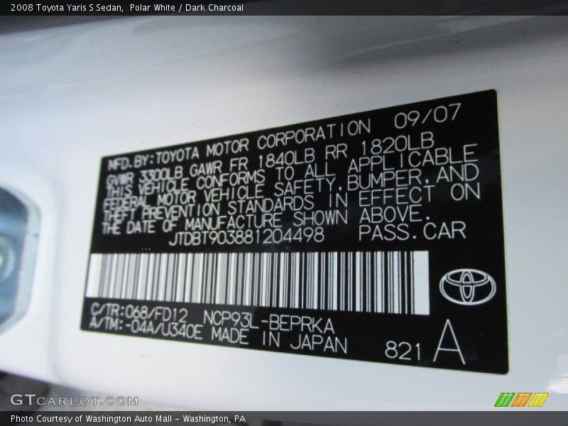 Polar White / Dark Charcoal 2008 Toyota Yaris S Sedan